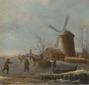 A winter river landscape with skaters on the ice by a windmill by Thomas Heeremans