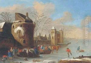 A winter landscape with figures on a frozen lake, a walled town beyond