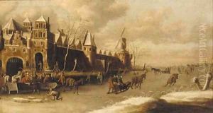 A winter landscape with skaters outside a city wall by Thomas Heeremans