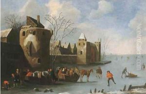 Townsfolk skating and sledging on a frozen moat, a city beyond