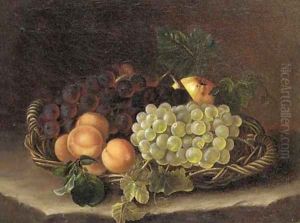 Still life of grapes, peaches and an apple in a wicker basket on a ledge by William Hammer