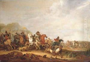 A cavalry skirmish by Abraham van der Hoef