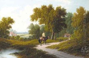 A horseman by a pond in a wooded landscape; and A horse and cart by a cottage by Etty Horton