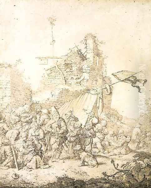 A beggar playing the bagpipes for villagers before the ruins of an inn - view 1