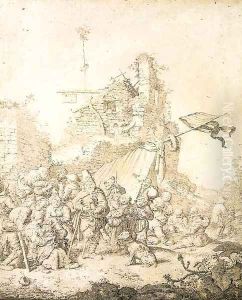 A beggar playing the bagpipes for villagers before the ruins of an inn by Gerrit Adriaensz. De Heer