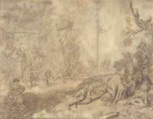 A village scene with peasants relaxing under a tree to the left, others dancing around a maypole beyond