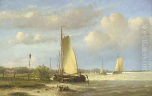 Sailing barges on a river; Vessels on a calm river by Hendrik Hulk