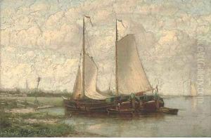 Barges moored on a Dutch waterway by Hendrik Hulk