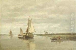 A calm a haybarge on a river by Hendrik Hulk