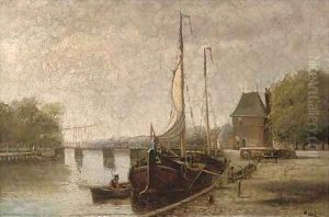 A Dutch canal with barges, near Haarlem by Hendrik Hulk