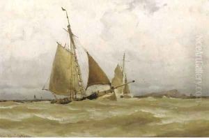 In full sail by a coastline by Jacob Huijbrecht Hollestelle