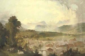 View of Berne with the Aar River and the Nydegg Bridge, goats in the foreground and the Alps beyond