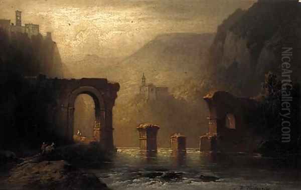Figures on a riverside track by a ruined bridge - view 1