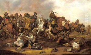 A cavalry skirmish by Abraham Van Der Hoeff