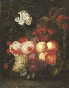 Roses, peaches, plums, bunches of grapes, cherries and flowers on a ledge