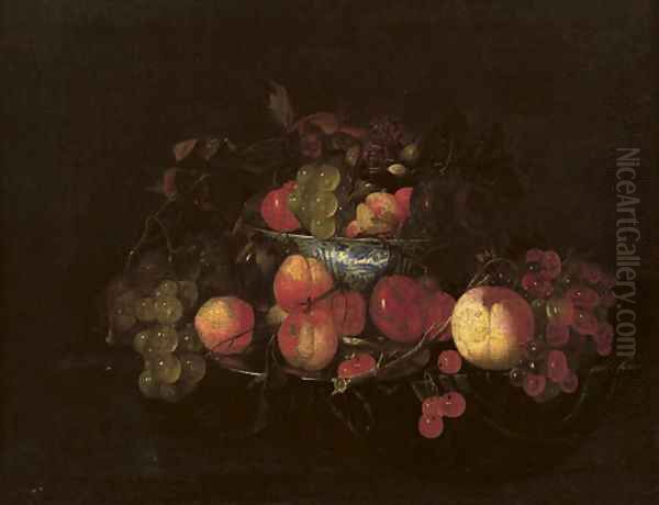 A silver plate with peaches and cherries - view 1