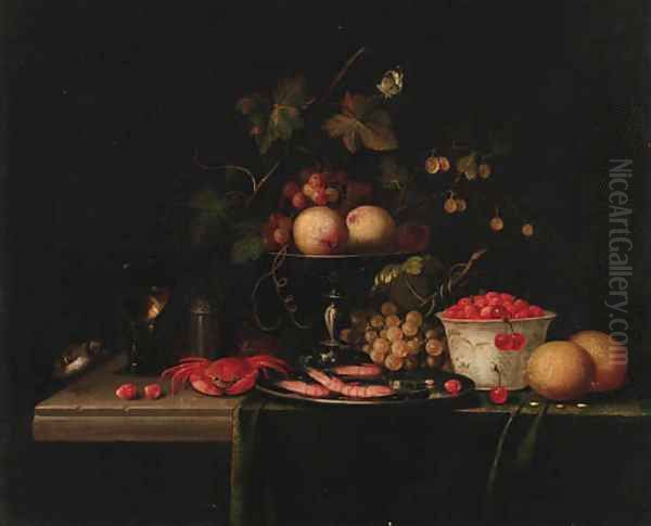 Grapes on a vine with gooseberries in a tazza, prawns in a pewter dish - view 1