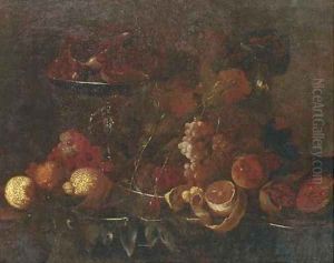 Grapes, lemons, pomegranates, an orange and other fruit on pewter platters