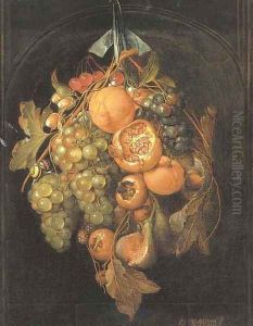Oranges, grapes, cherries, a fig and other fruit hanging in a niche