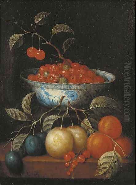 Cherries and other fruit in a 'kraak' porselein bowl - view 1