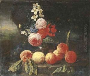 Peaches and grapes with roses and other flowers in a glass vase on a stone ledge in a landscape