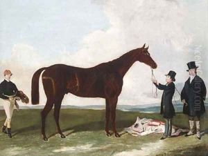 A racehorse held by a groom with the trainer and jockey by Harry Hall