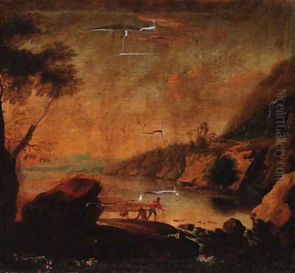 A river landscape with a fisherman before a waterfall - view 1