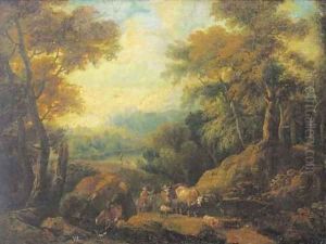 A wooded lakeside landscape with a drover and his herd by Jan Baptist Huysmans