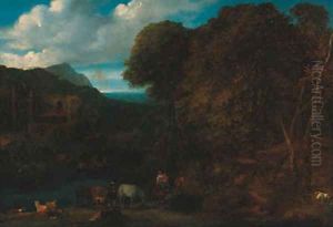 A wooded river landscape with peasants on a track, a ruin beyond