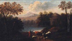 River landscapes with drovers on paths, castles beyond by Jan Baptist Huysmans