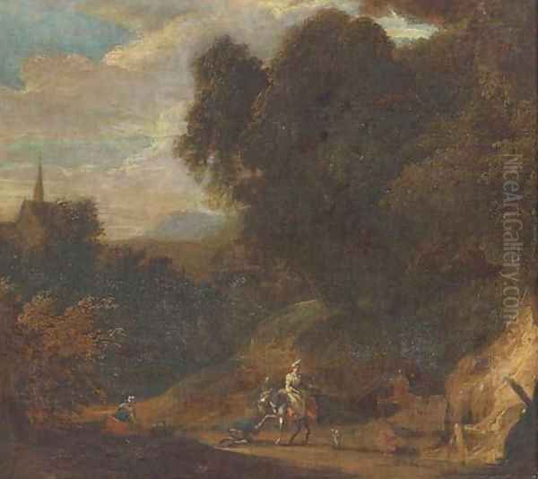 A wooded landscape with travellers on a track - view 1