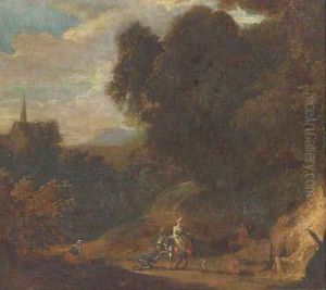 A wooded landscape with travellers on a track by Jan Baptist Huysmans