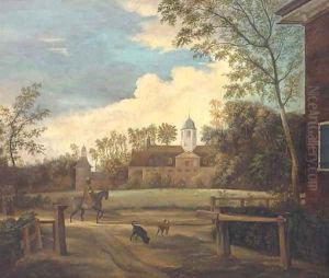An elegant traveller and two dogs before a country house