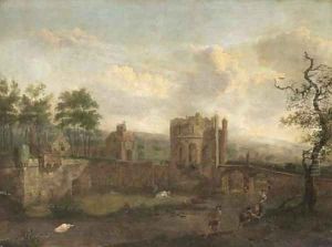 A river landscape with figures on a bank, a bridge to a walled town beyond by Jan Van Der Heyden