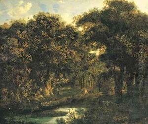 A wooded landscape with a hunting party by Jan Van Der Heyden