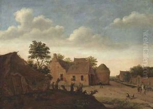 Figures on horseback on a track by a village