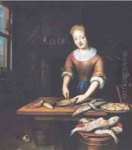 A young lady gutting fish in an interior by Reynier De La Haye