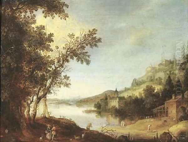 An extensive river landscape with travellers by a road, a castle beyond - view 1