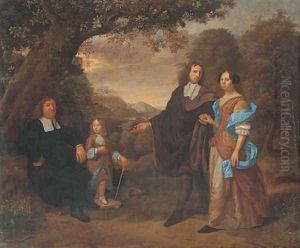 A group portrait of a family in a wooded landscape by Daniel Haringh