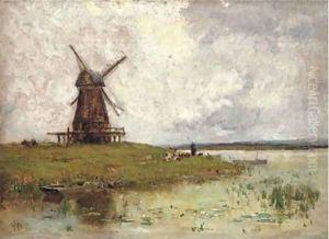 A shepherdess and her flock by a windmill by Horatio R. Hollingdale
