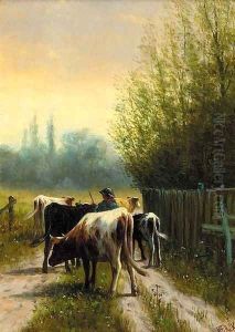 A drover herding cattle on a country track by William Frederick Hulk