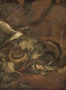 A snake startling a bird and a nest of chicks on a forest floor