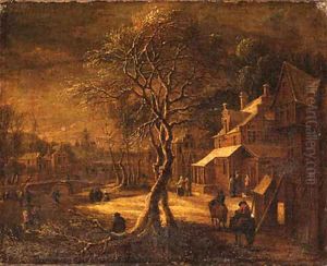 A Winter Landscape with Travellers on a Path in a Village, a frozen Waterway nearby by Daniel van Heil