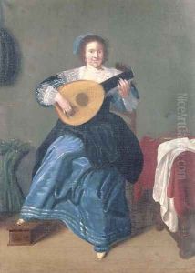 An elegant woman playing the lute in an interior by Dirk Hals