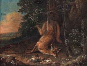 A dead fox and a brace of partridge at the edge of a wood by Ferdinand Phillip de Hamilton