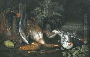 A partridge, a dead duck, a pitcher, two knives, a loaf of bread and hens, on a forest floor A partridge, a dead duck, a pitcher, two knives, a loaf of bread and hens, on a forest floor