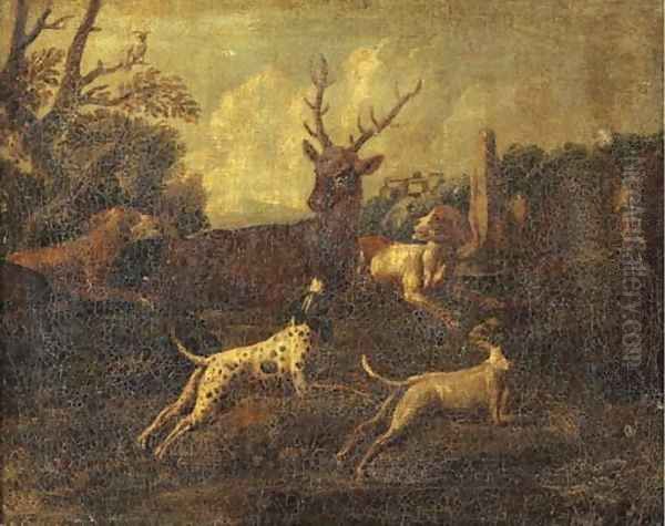 Dogs chasing a stag in a landscape, a town beyond - view 1