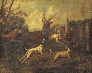 Dogs chasing a stag in a landscape, a town beyond