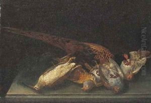 A dead pheasant, partridge and woodcock on a stone ledge