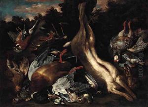 A still life with a hare, a partridge, ducks and other birds in a landscape